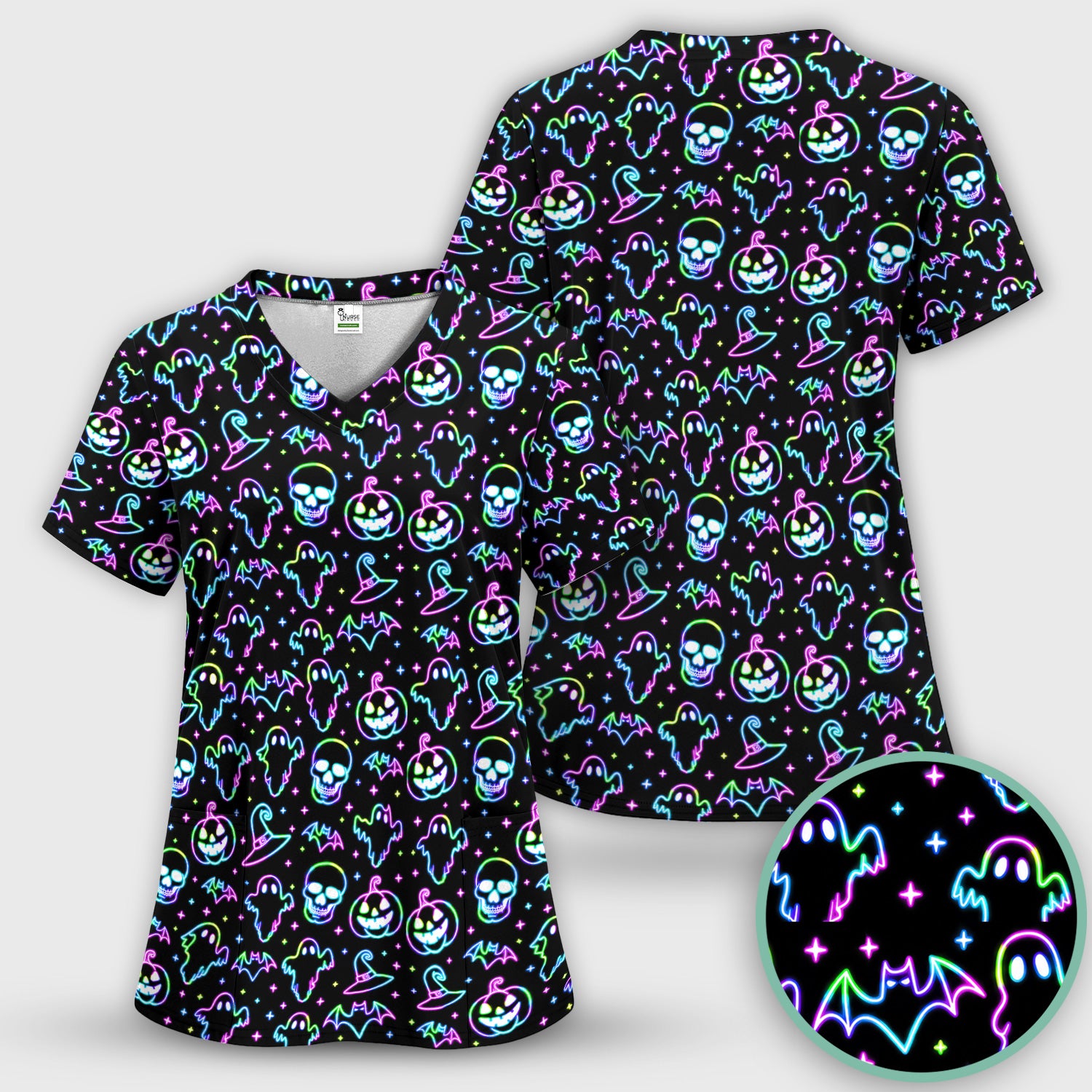 Pumpkin Skull Spooky Print Scrub Top, Comfortable Scrubs for Nurses