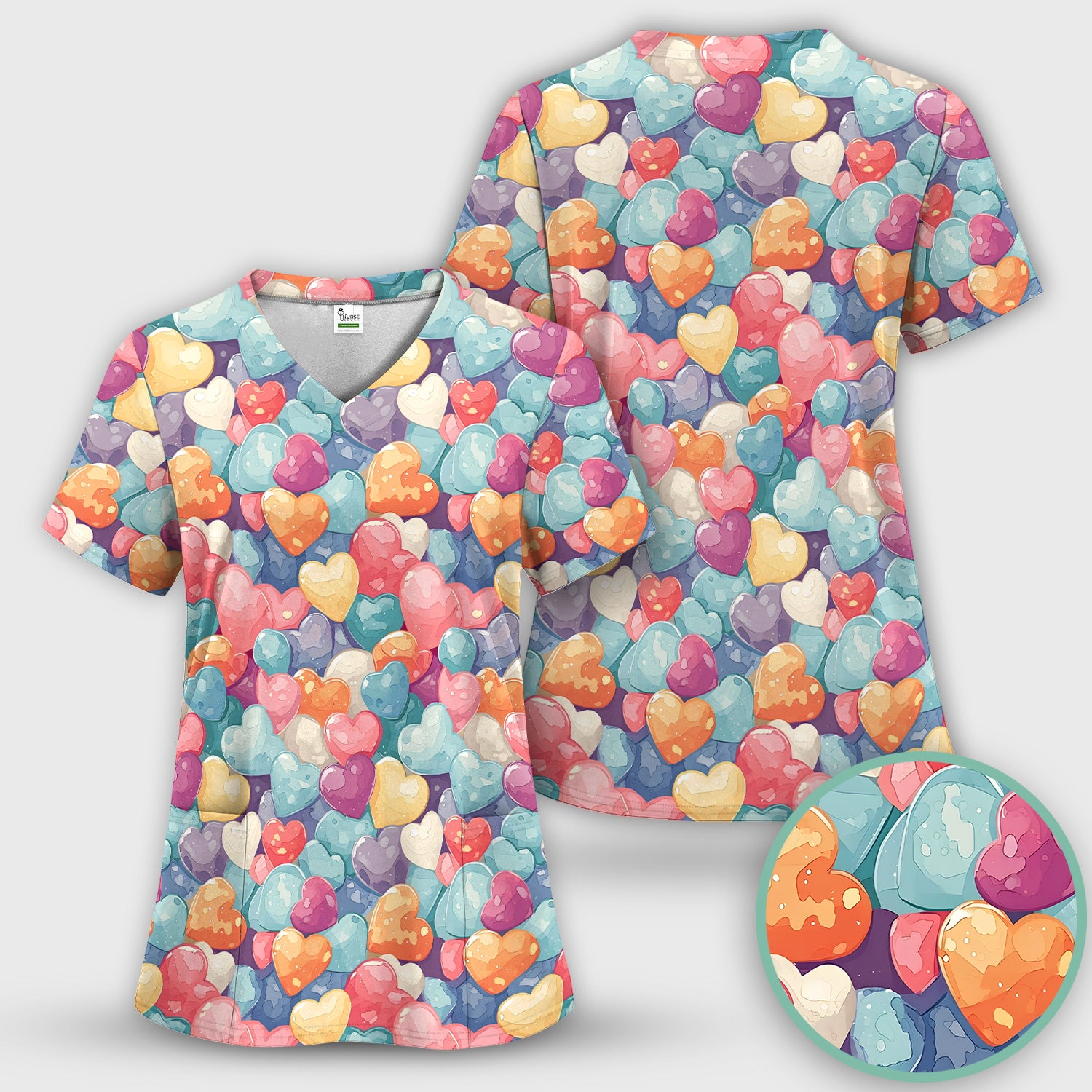 Sweet Valentine Heart Pediatric Pattern Scrub Set, Scrub Pants and V Neck Top