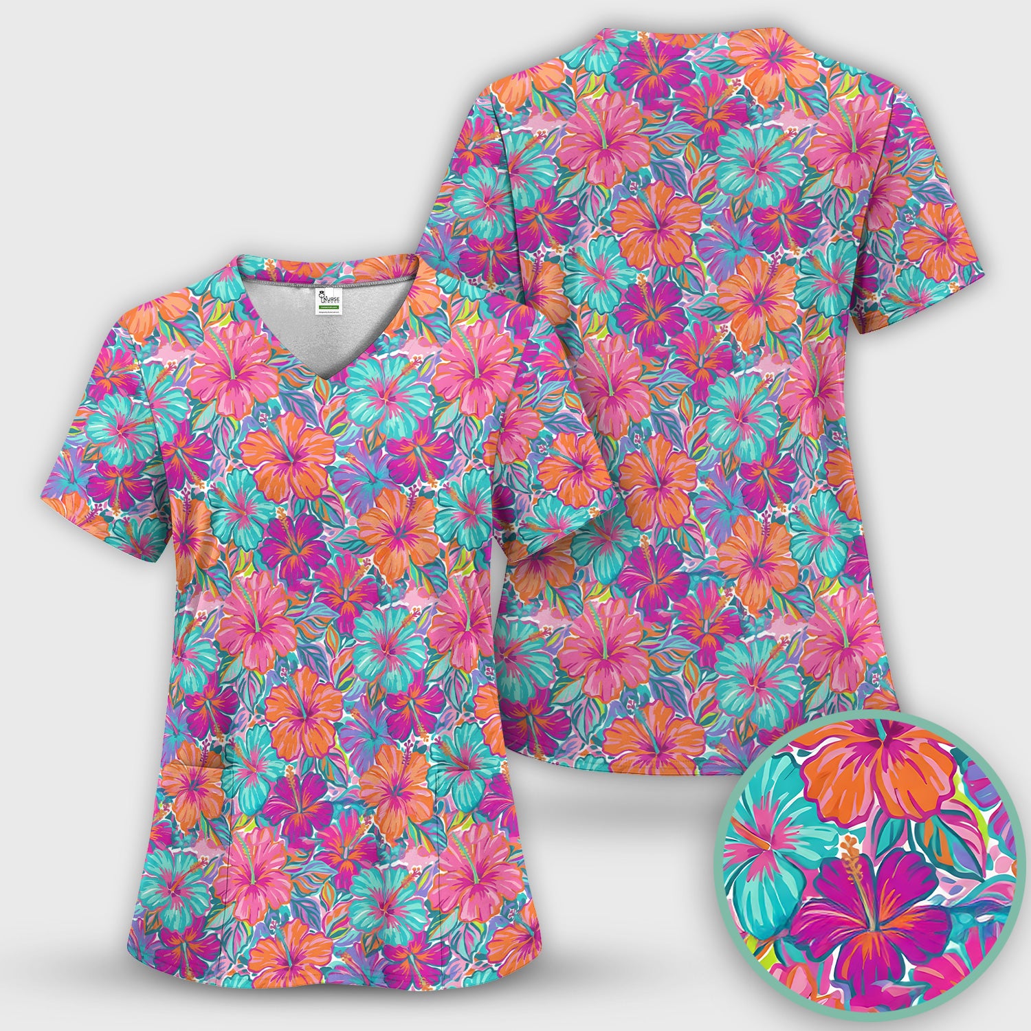 Vibrant Hibiscus Tropical Floral Pattern Scrub Top, Comfortable Scrubs for Nurses