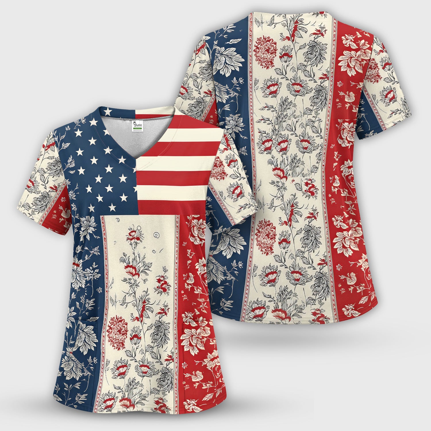 Patriotic Nurse Flag Patchwork Pattern Scrub Set, Scrub Pants and V Neck Top