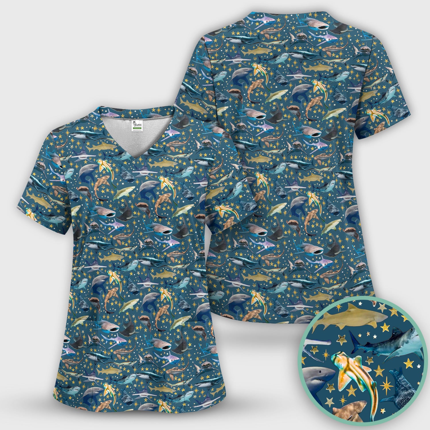 Colorful Shark Ocean Pattern Scrub Top, Breathable Fabrics Nursing Uniform