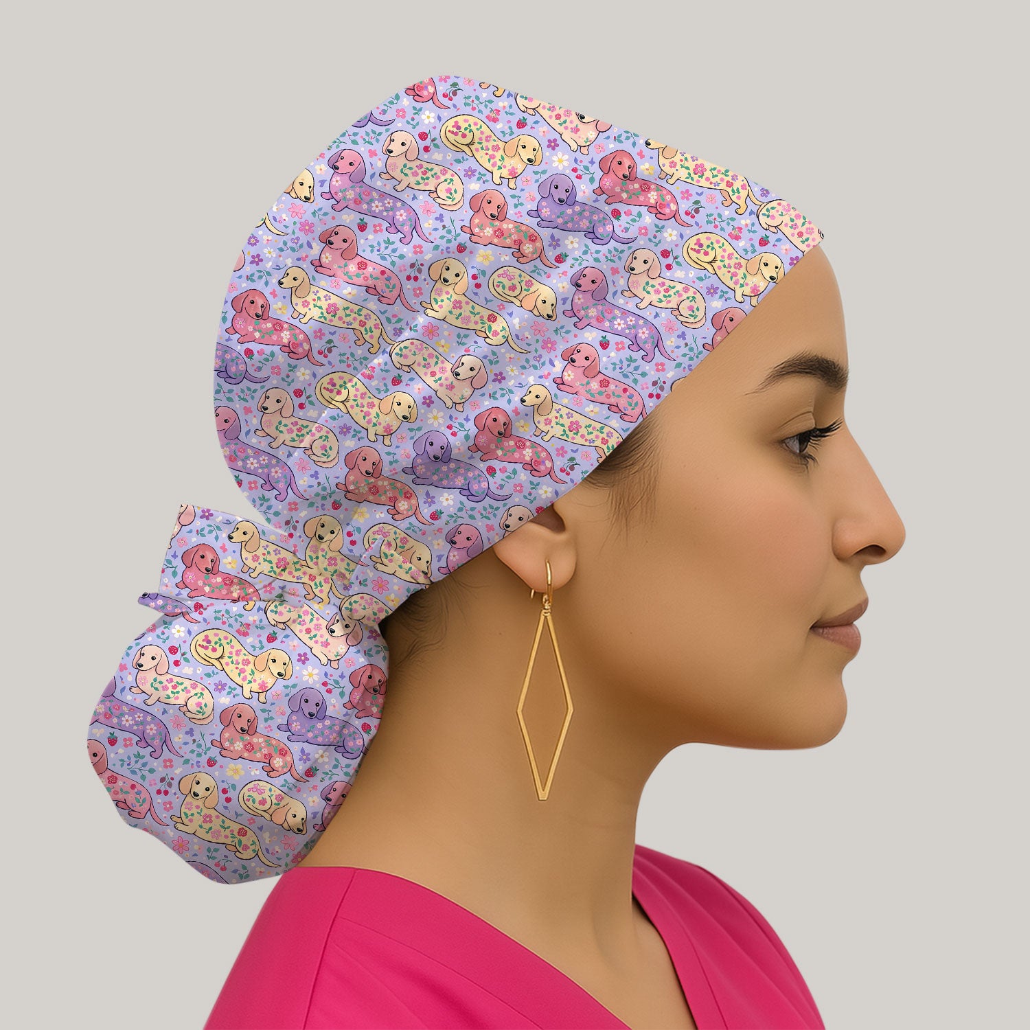 Cute Dachshund Floral Pattern Scrub Cap, Breathable Fabrics Caps Uniform
