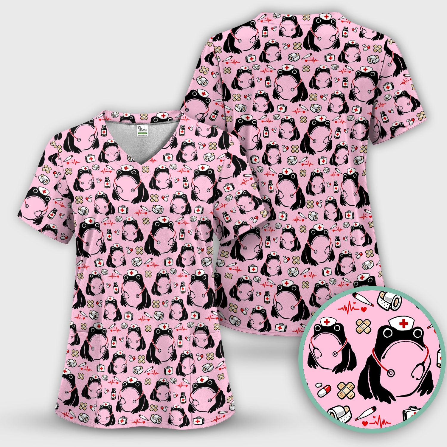 Cute Frog Nurse Medical Print Scrub Top, Comfortable Scrubs for Nurses