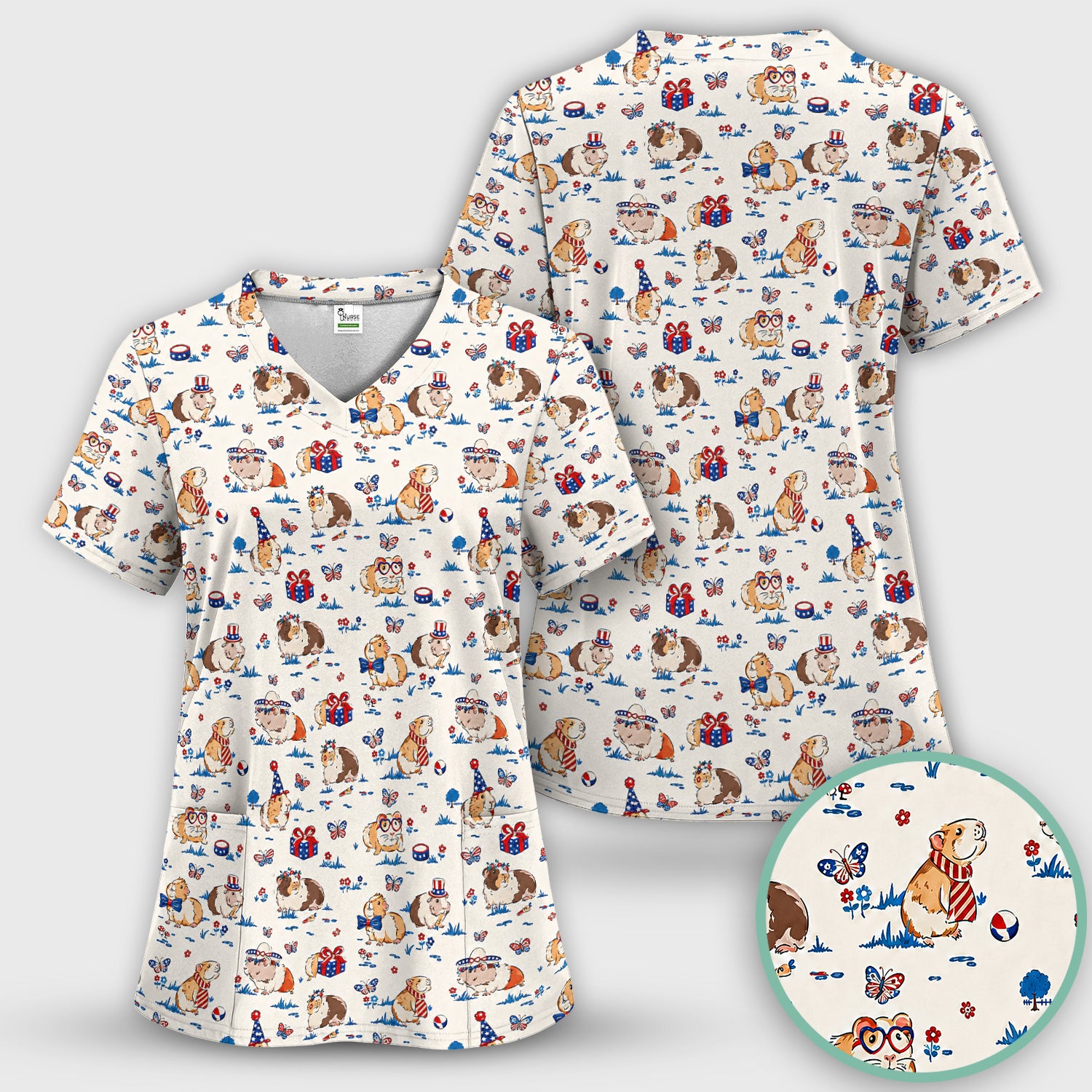 Patriotic Guinea Pig Celebration Pattern Scrub Set, Scrub Pants and V Neck Top