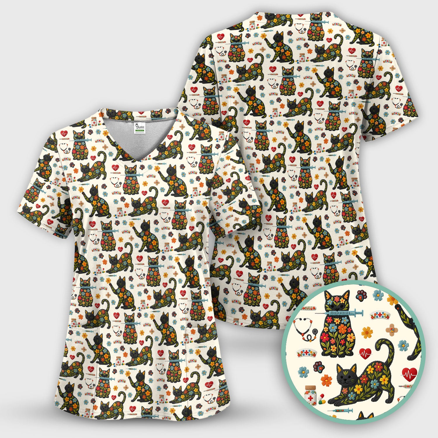 Floral Black Cat Pattern Scrub Top, Cute Cat Nurse Scrub Shirt, Medical Nursing Uniform
