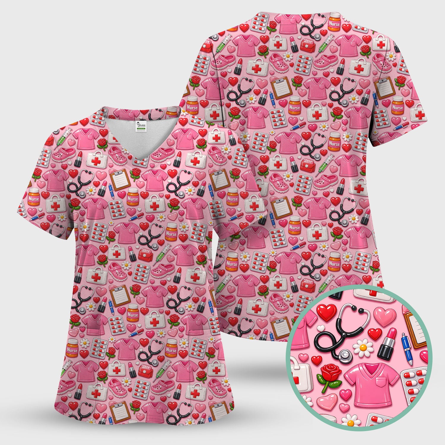 Medical Icons Scrub Top, Cute Pattern Nurse Shirt, Breathable Fabrics Nursing Uniform