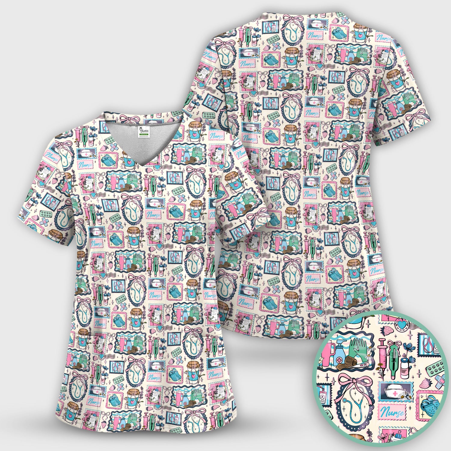 Medical Tools Stethoscope Syringe Frame Scrub Top, Breathable Fabrics Nursing Uniform