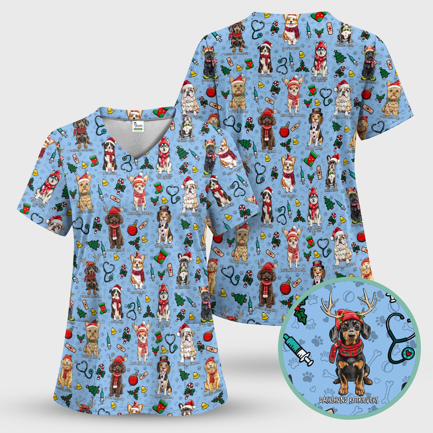 Christmas Dog Scrubs for Nurses – Dachshund, Husky, Poodle, Corgi & Labrador Holiday Scrub Top – Funny Santa Pattern Medical Shirt