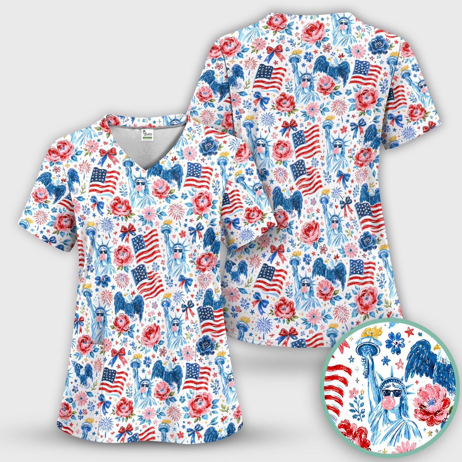 Patriotic Liberty Nurse Pattern Scrub Top, Comfortable Scrubs for Nurses
