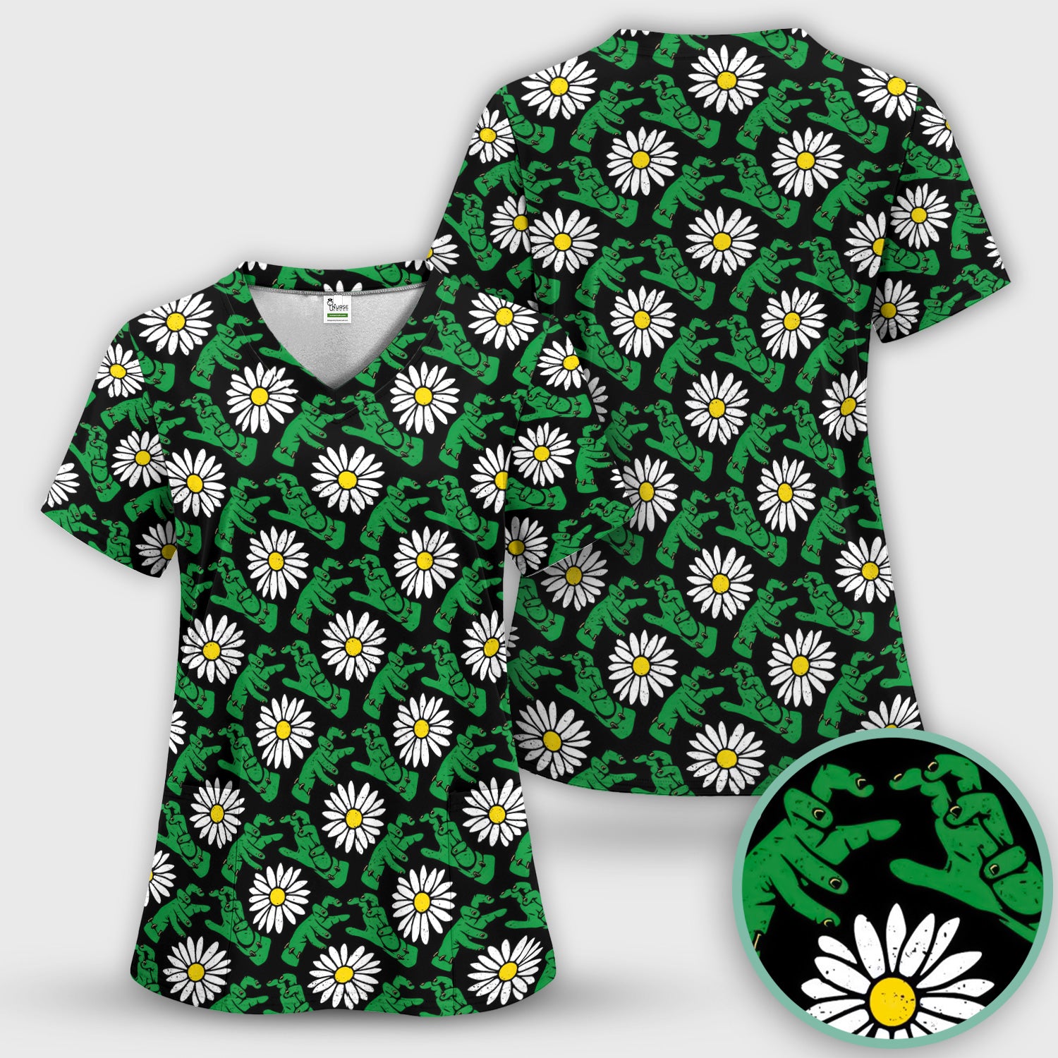 Halloween Monster And Daisies Scrub Top, Comfortable Scrubs for Nurses