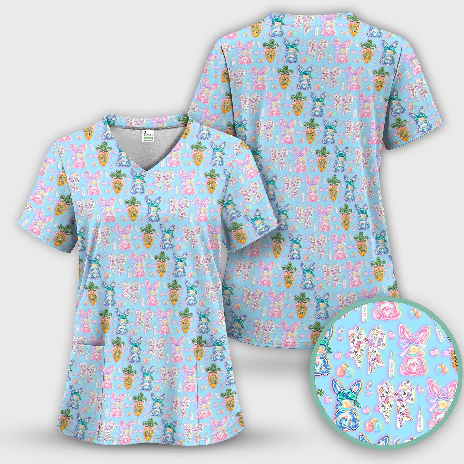 Easter Bunny Carrot Bow Floral Print Scrub Top, Comfortable Scrubs for Nurses
