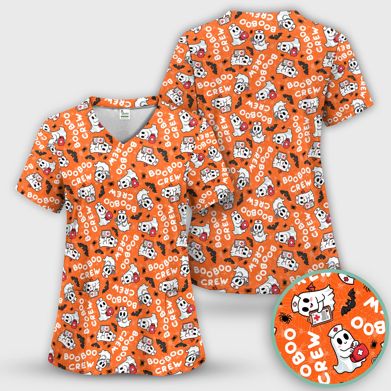 Cute Halloween Boo Boo Crew Ghost Scrub Set, Scrub Pants and V Neck Top