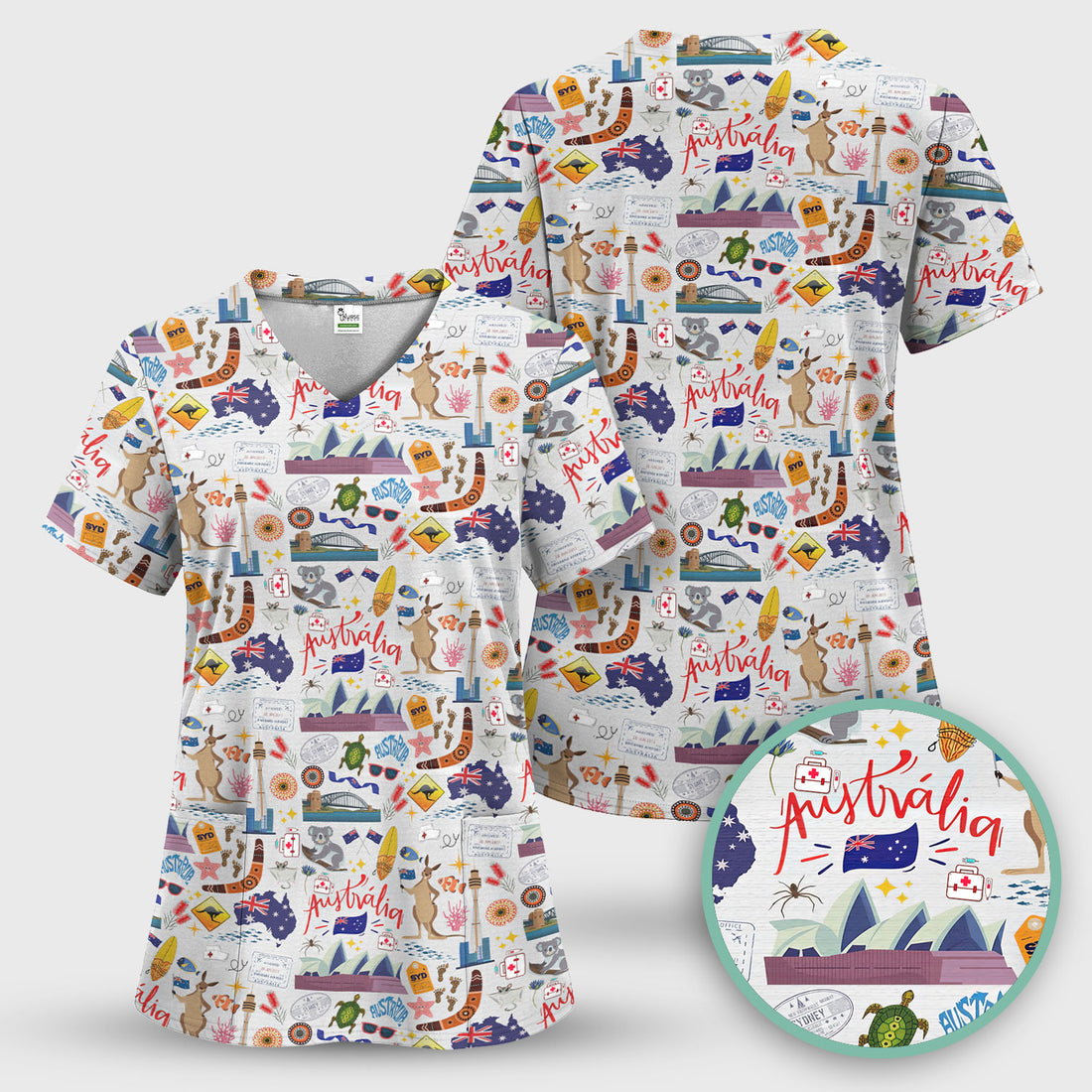 Australia Scrub Top for Women - Aussie Icons with Kangaroo Koala Opera House - Travel Medical Uniform Gift for LPN RN CNA