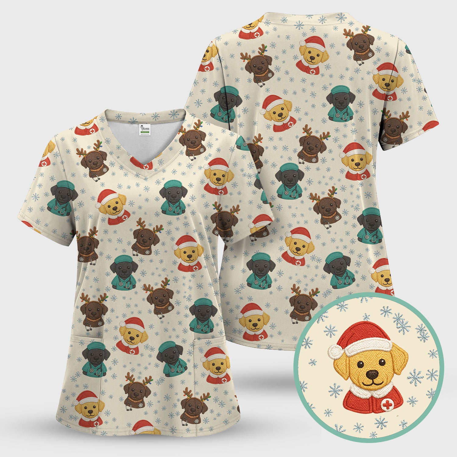 Christmas Dog Pattern Scrub Top, Cute Puppy Nurse Scrub Shirt, Holiday Nursing Uniform
