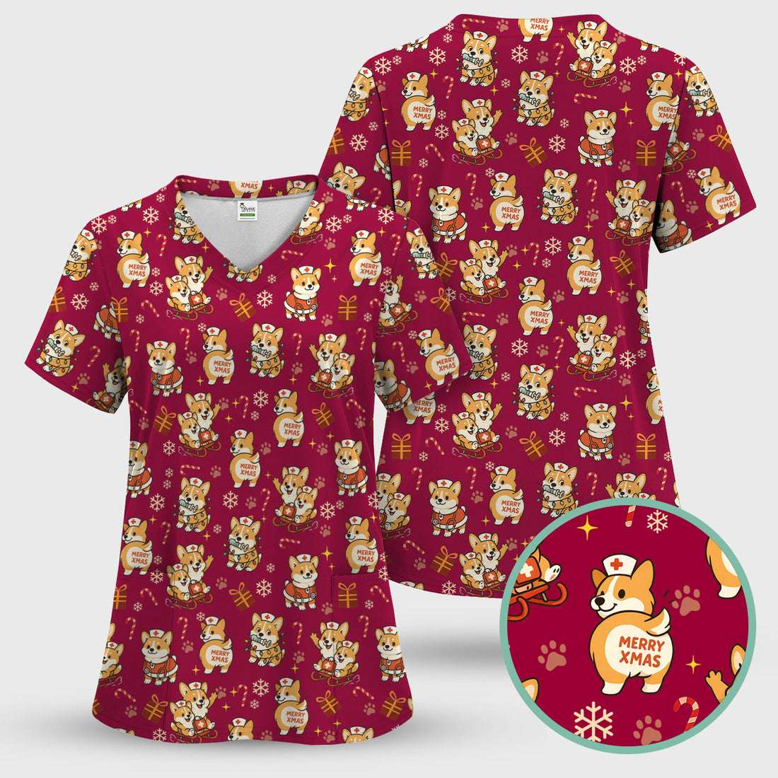 Cute Corgi Dog Scrubs for Christmas - Festive Puppy Pattern Medical Scrub Top - Holiday Christmas Scrubs with Charming Corgi Print