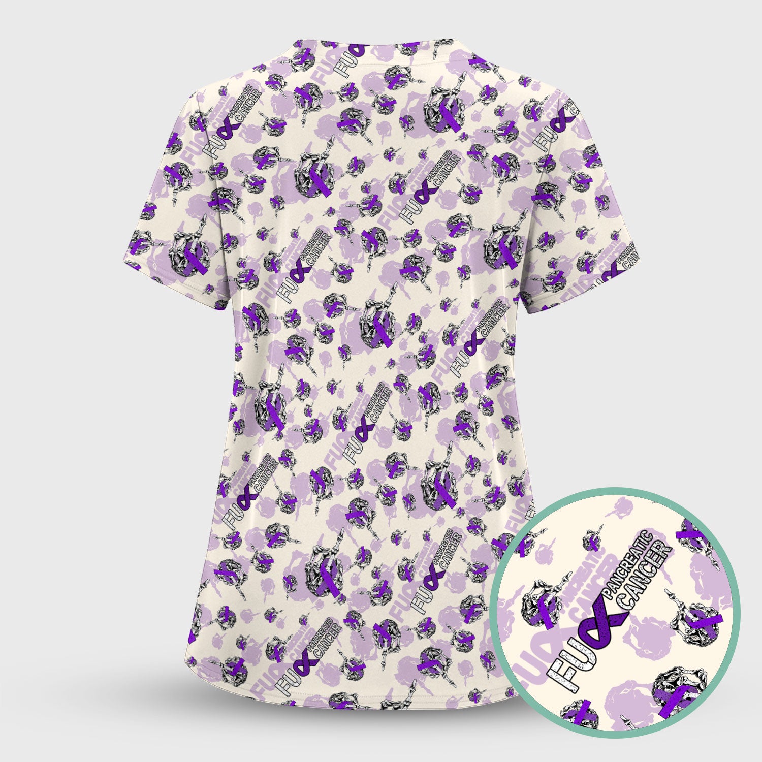Pancreatic Cancer Awareness Scrub Top - Fuck Cancer Purple Ribbon Nurse Shirt - Strong Gift Idea for Survivors, Fighters & Supporters