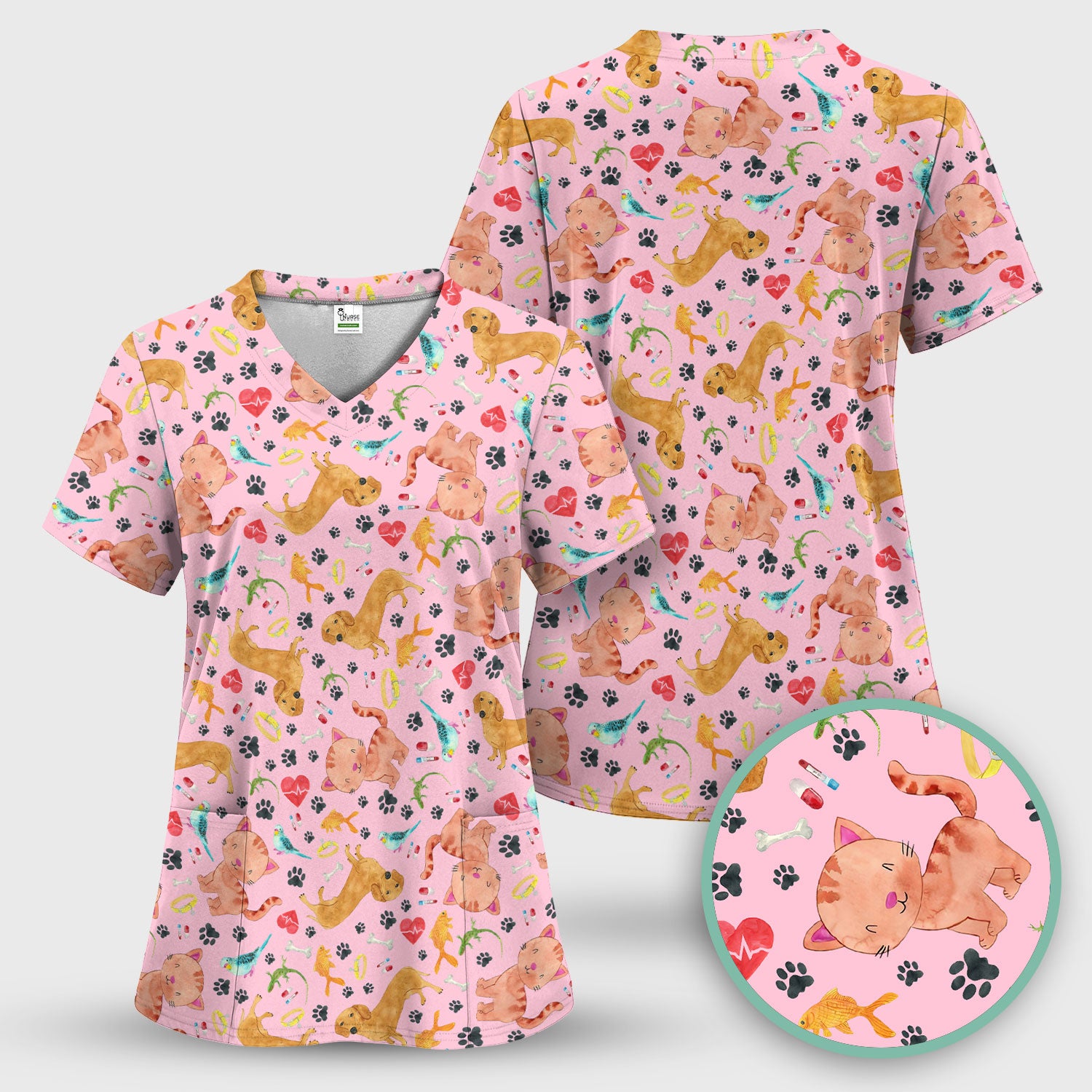 Cat Dog Veterinary Scrub Top - Cute Animal Paw Print Medical Shirt - Adorable Nurse Scrubs for Women RN CNA Vet Tech