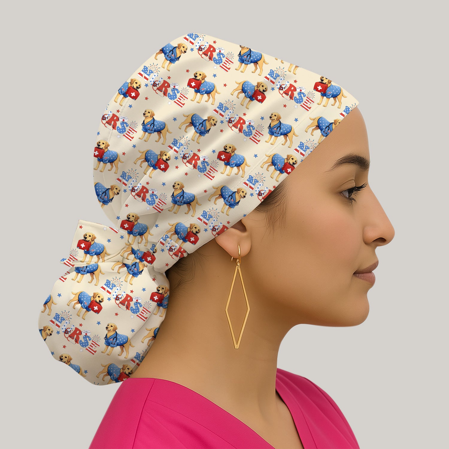 Patriotic Nurse Dog Medical Pattern Cap, Bouffant Scrub Caps for Women