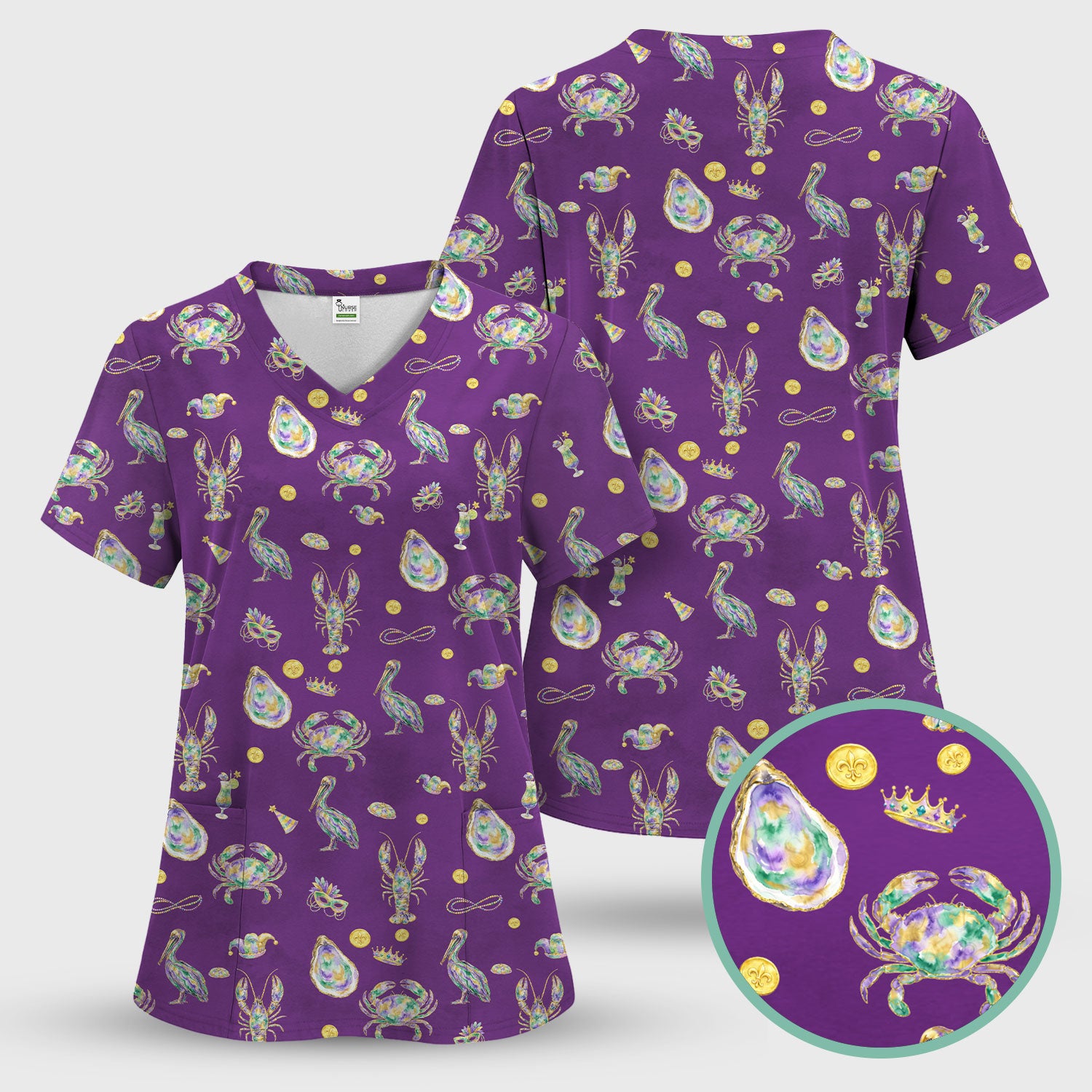 Mardi Gras Seafood Nurse Scrub Top, Comfortable Uniform Scrubs For Nursing