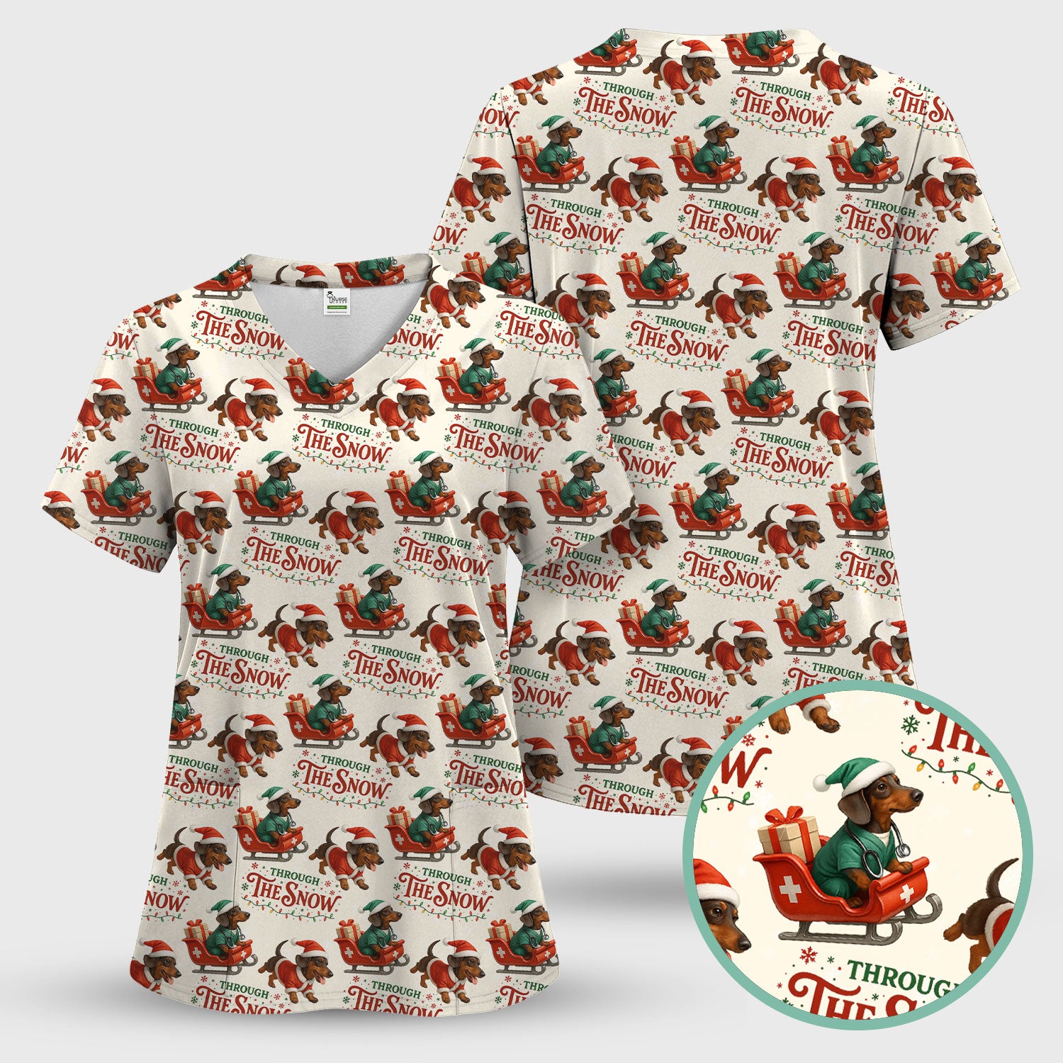 Dachshund Christmas Scrub Top, Cute Dog Nurse Scrub Shirt, Through The Snow Pattern Nursing Uniform