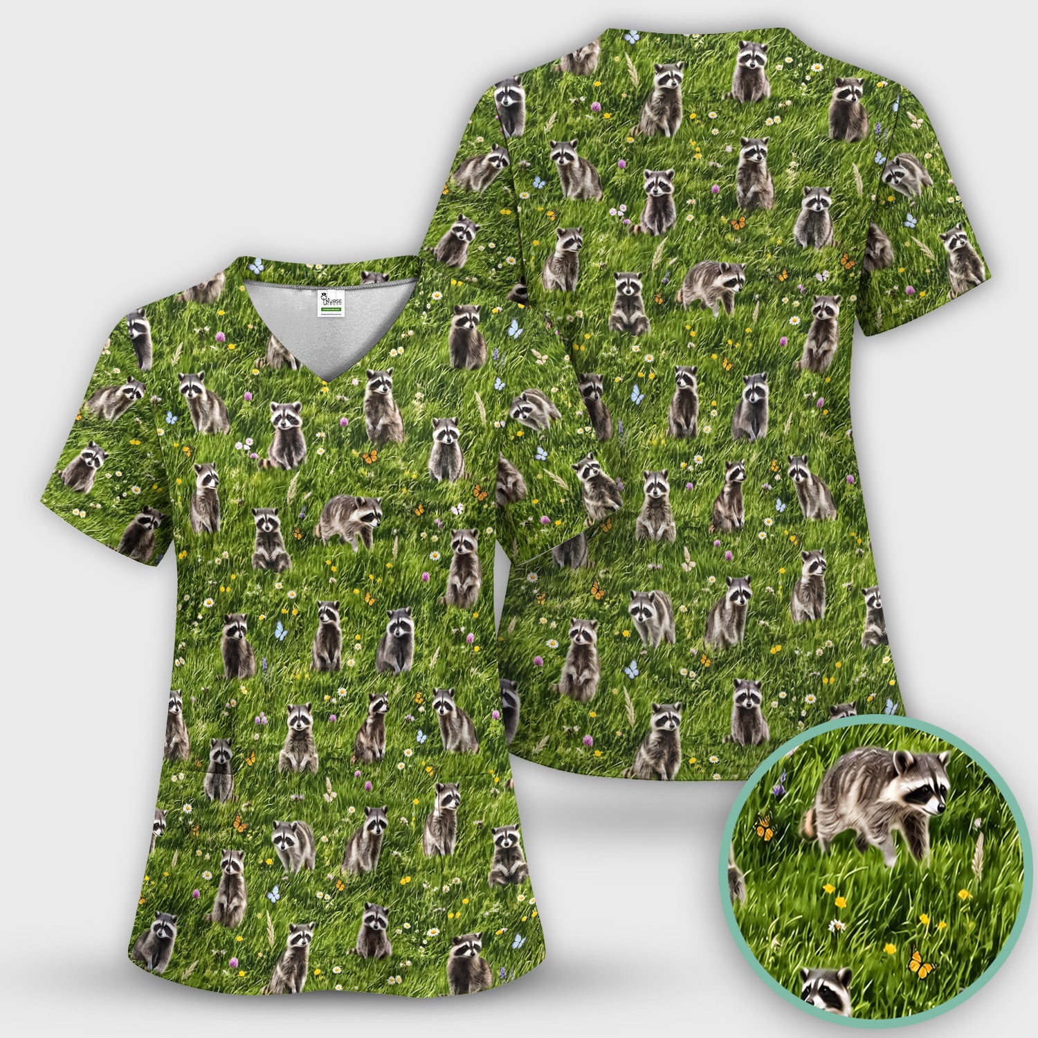 Raccoon Meadow Print Scrub Top, Comfortable Scrubs for Nurses