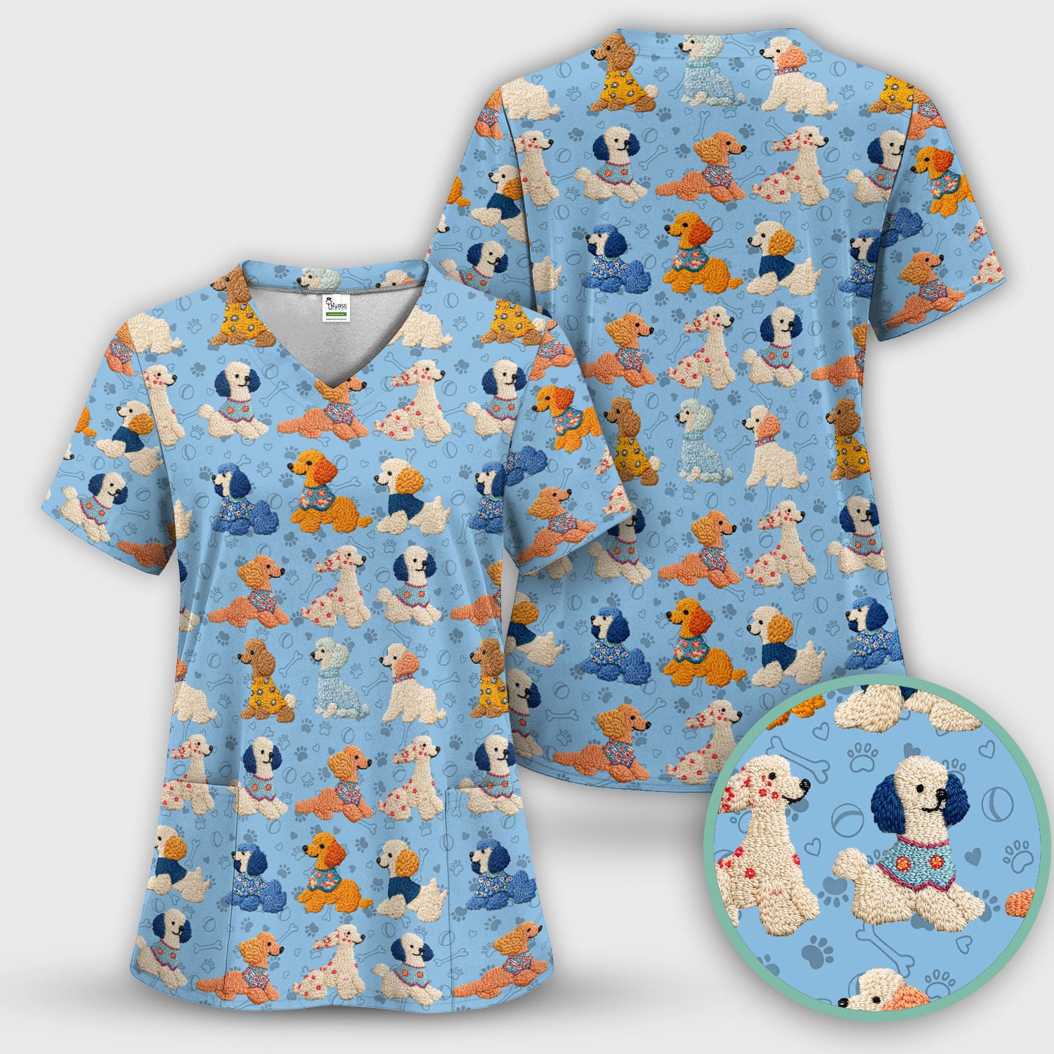 Cute Colorful Poodle Pattern Scrub Top, Comfortable Scrubs for Nurses