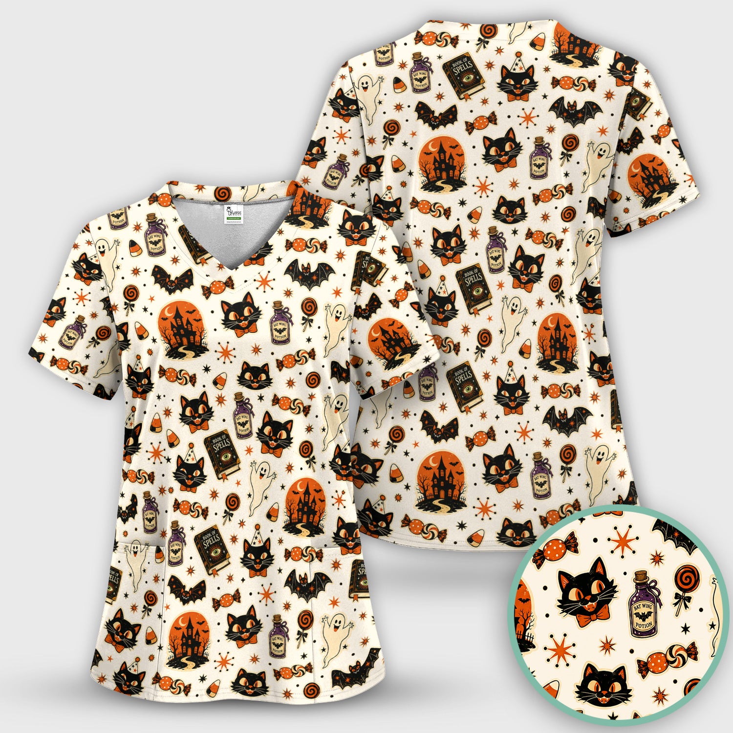 Halloween Black Cat with Ghost Candy Print Scrub Top, Comfortable Scrubs for Nurses