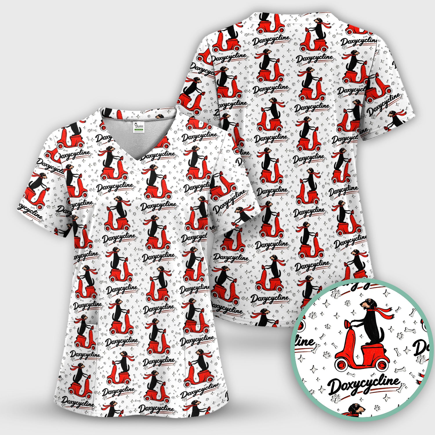 Funny Dachshund Riding Scooter Doxycycline Print Scrub Top ,Comfortable Scrubs for Nurses