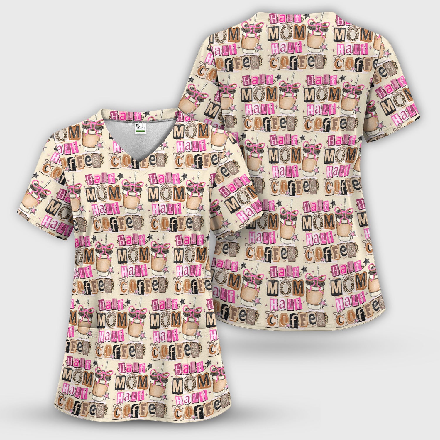 Half Mom Half Coffee Print Scrub Set, Scrub Pants and V Neck Top