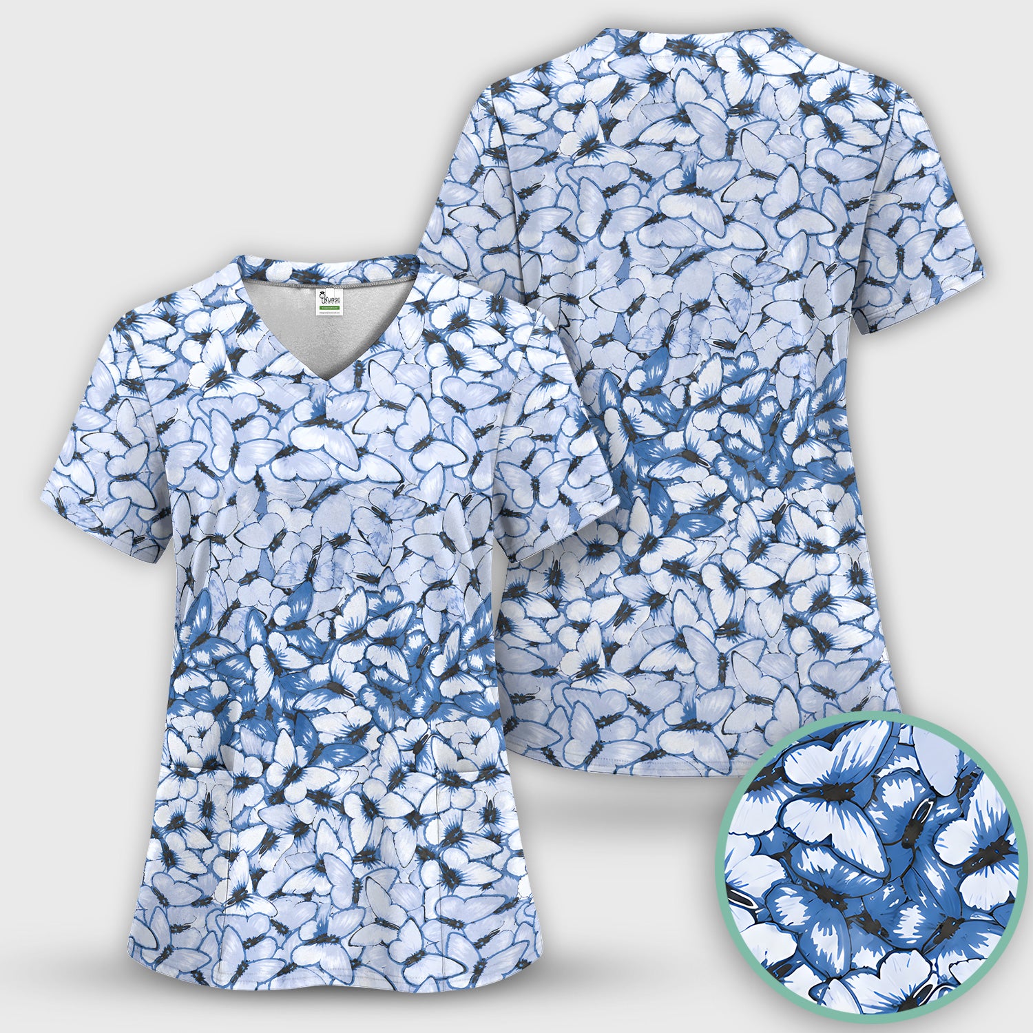 Blue Butterfly Floral Pattern Scrub Set, Scrub Pants and V Neck Top