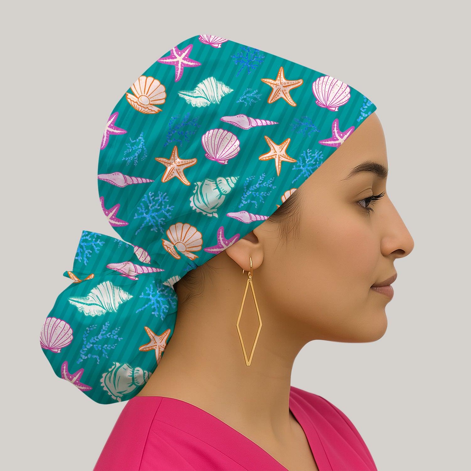 Colorful Seashell Starfish Ocean Stripe Pattern Cap, Bouffant Scrub Caps for Women