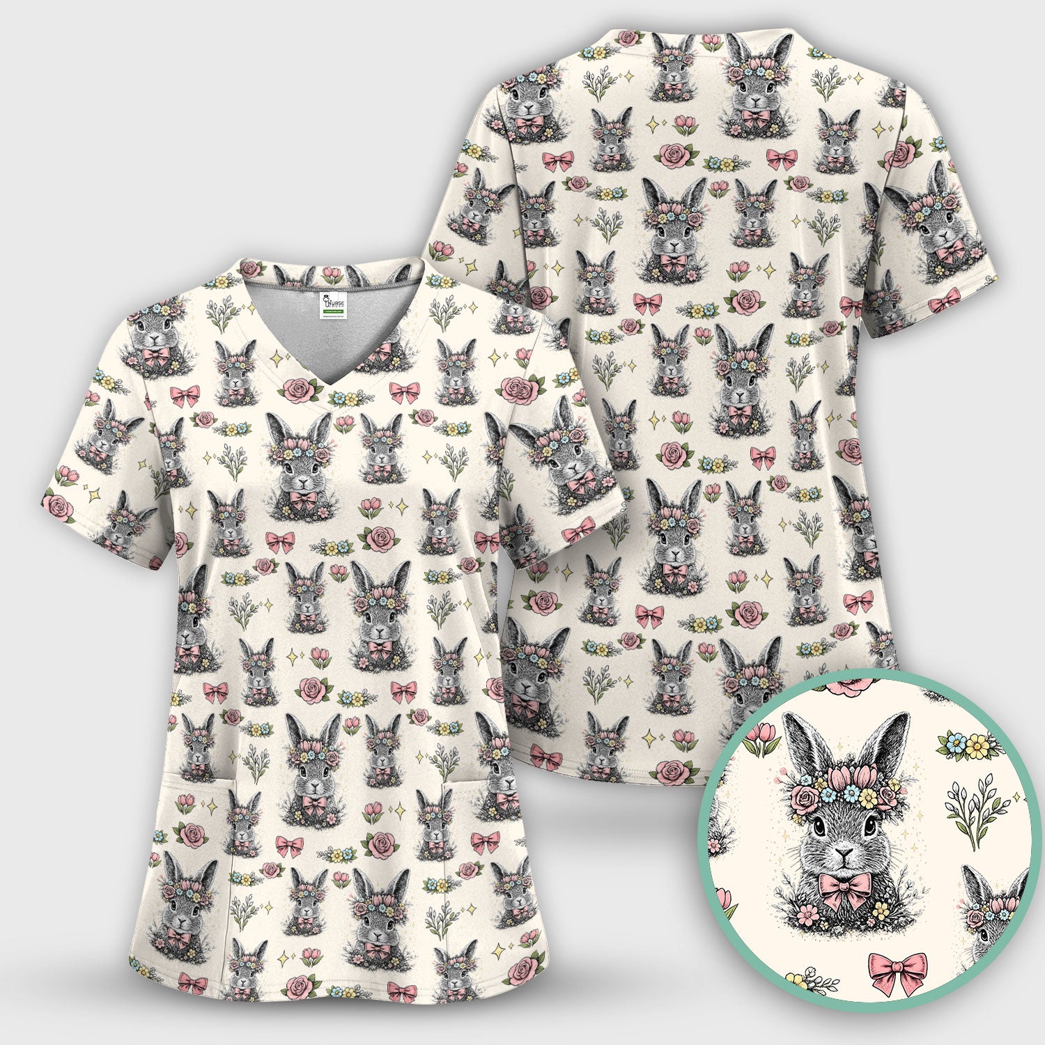 Vintage Floral Bunny Print Scrub Set, Scrub Pants and V Neck Top