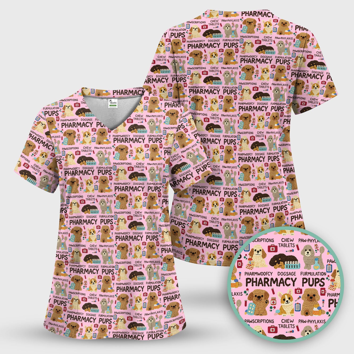 Pharmacy Pups Scrub Top for Women - Cute Dog Pattern Medical Shirt for Pharmacists & Vet Techs - Fun Blue Pharmacy Nurse Uniform