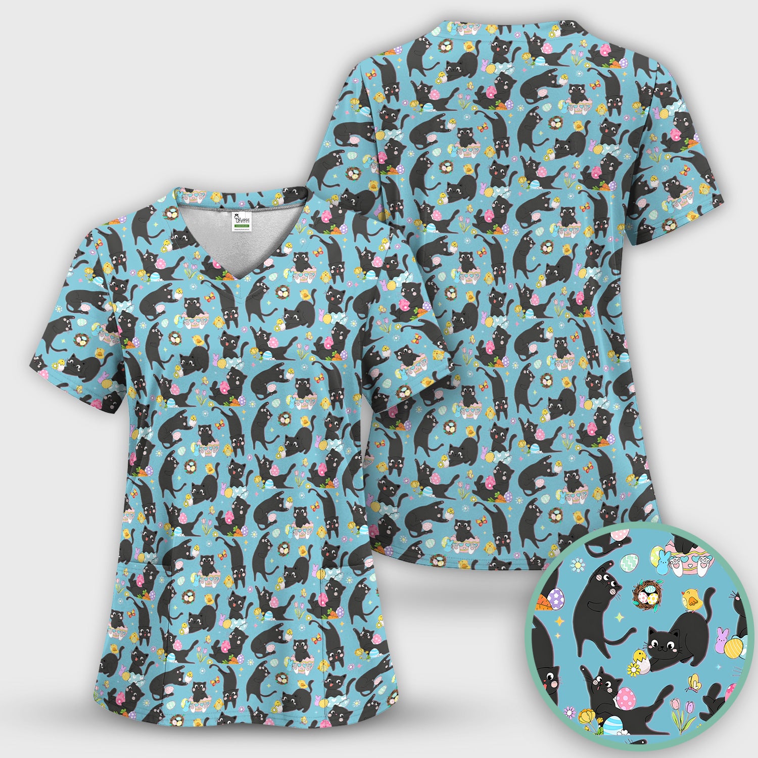 Playful Black Cat Easter Egg Pattern Scrub Top, Comfortable Scrubs for Nurses