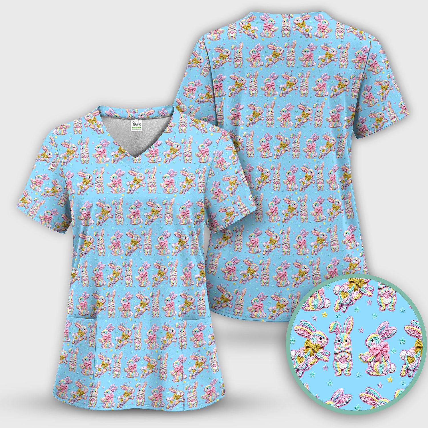 Cartoon Bunny All Over Print Scrub Top, Comfortable Scrubs for Nurses, Easter