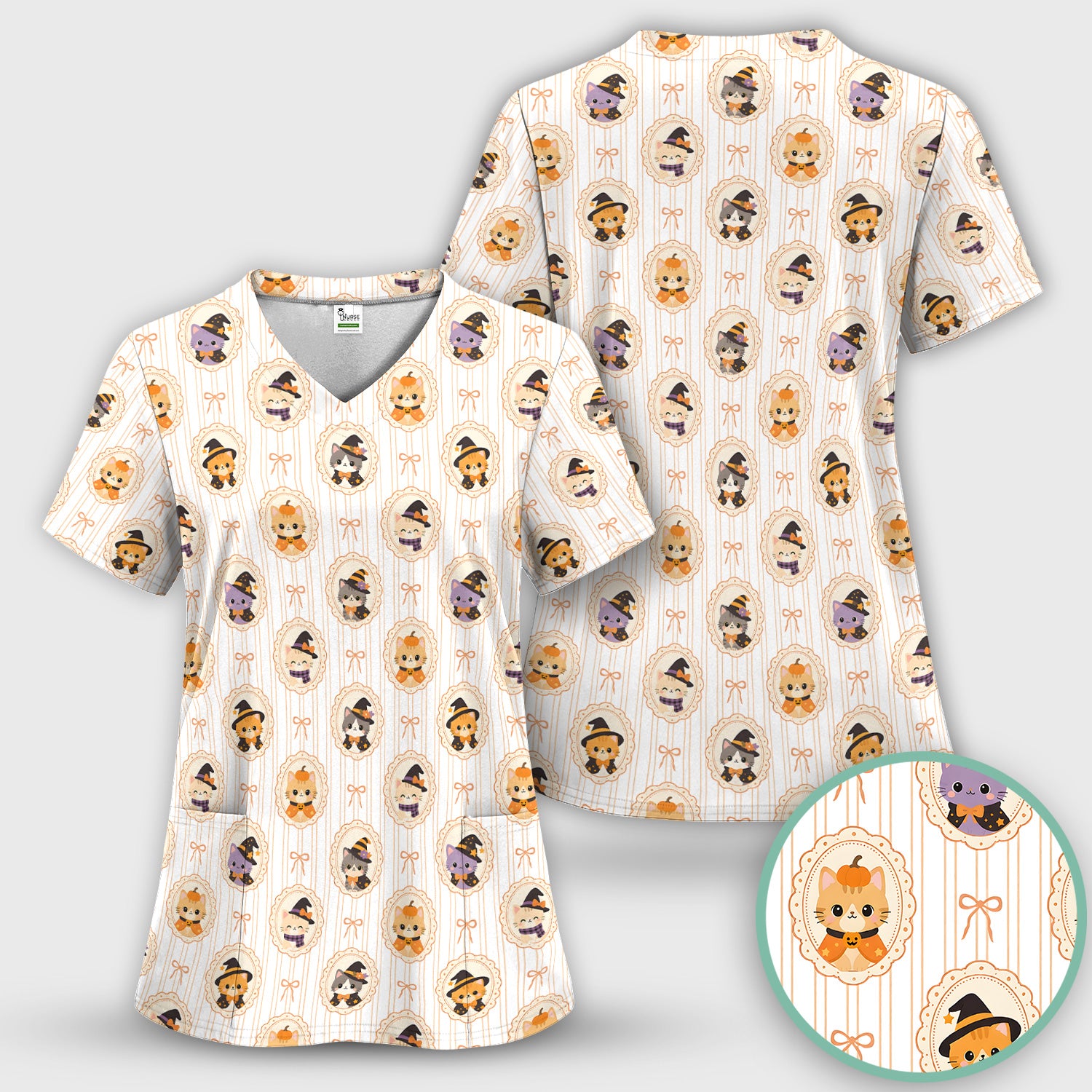 Cute Halloween Cat Stripe Pattern Scrub Set, Scrub Pants and V Neck Top