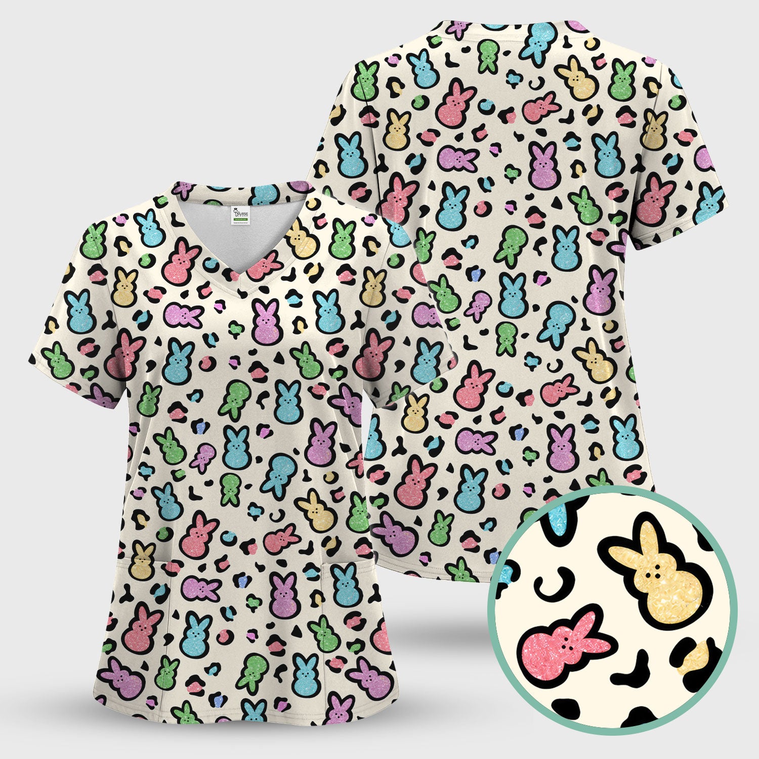 Cute Easter Bunny Pastel Pattern Scrub Set, Scrub Pants and V Neck Top