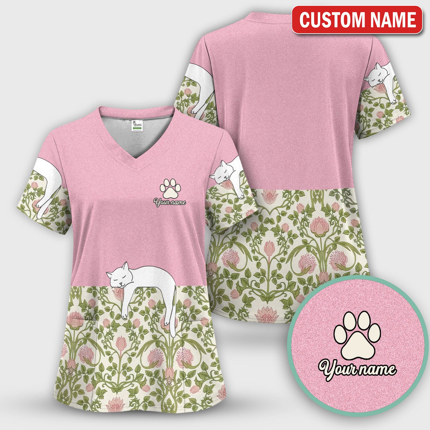 Personalized Cat Nurse Scrub Set, Custom Name Floral Scrub Shirt For Women, Breathable Fabrics Nursing Uniform