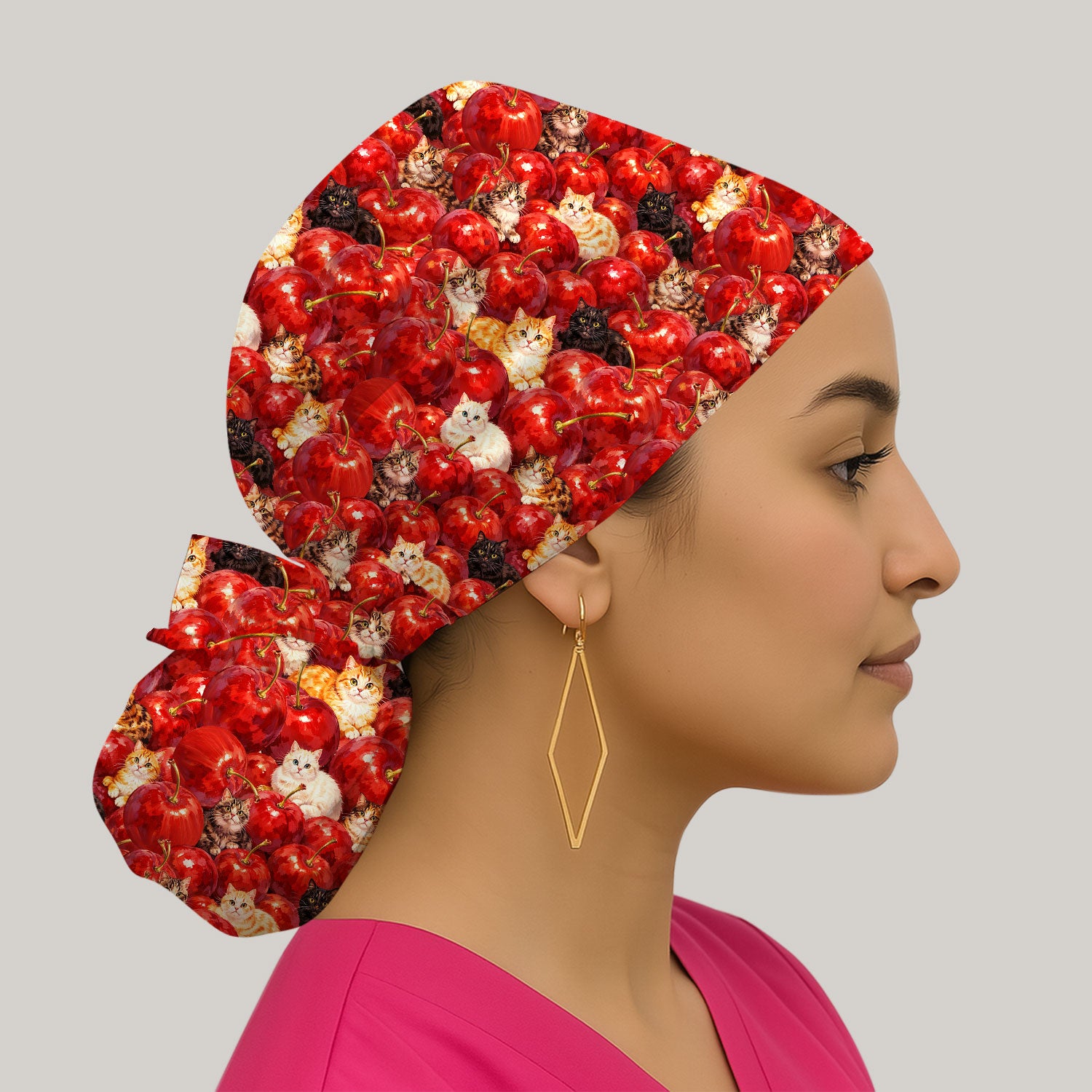 Cute Cat Cherry Pattern Scrub Cap, Surgical Caps for Doctors