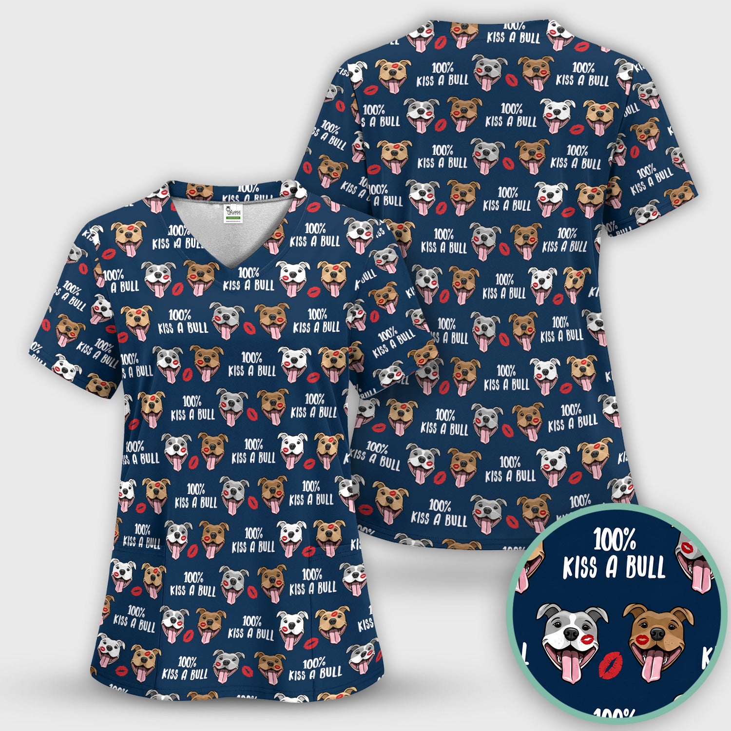 Kiss A Bull Pitbull Print Scrub Top, Comfortable Scrubs for Nurses