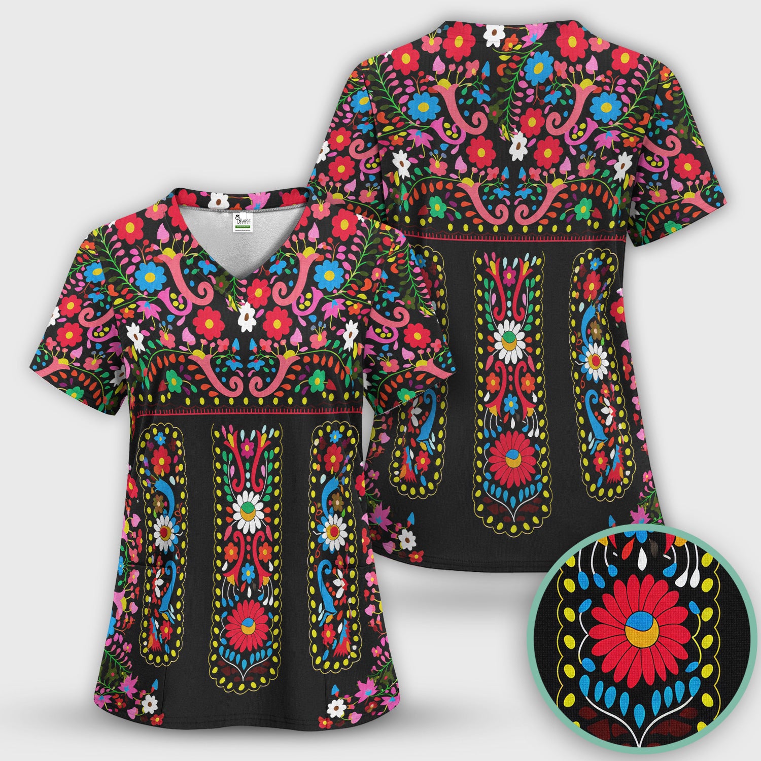 Colorful Folk Art Floral Pattern Scrub Set, Scrub Pants and V Neck Top