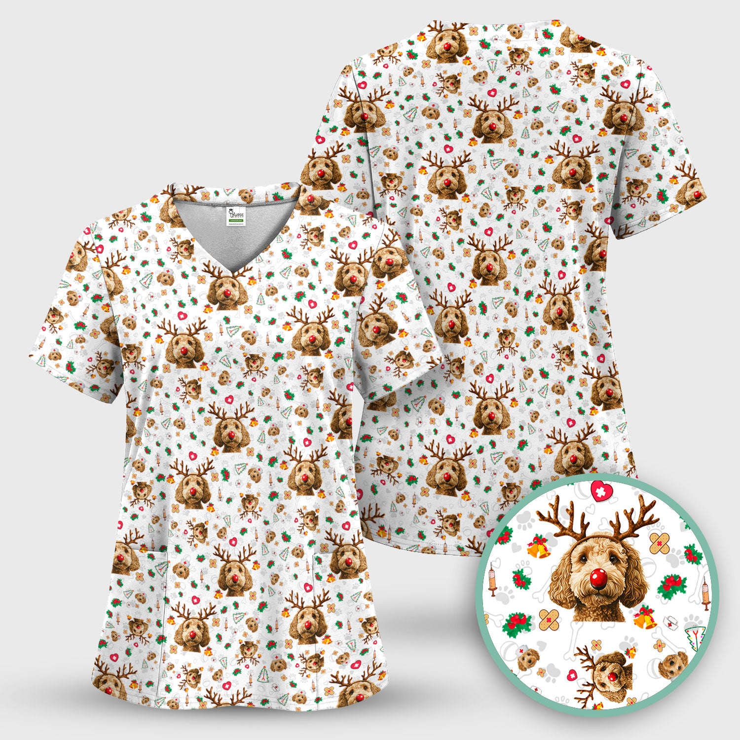 Christmas Labradoodle Scrub Top - Funny Reindeer Dog Nurse Shirt - Cute Holiday Medical Uniform for Women Healthcare Gift