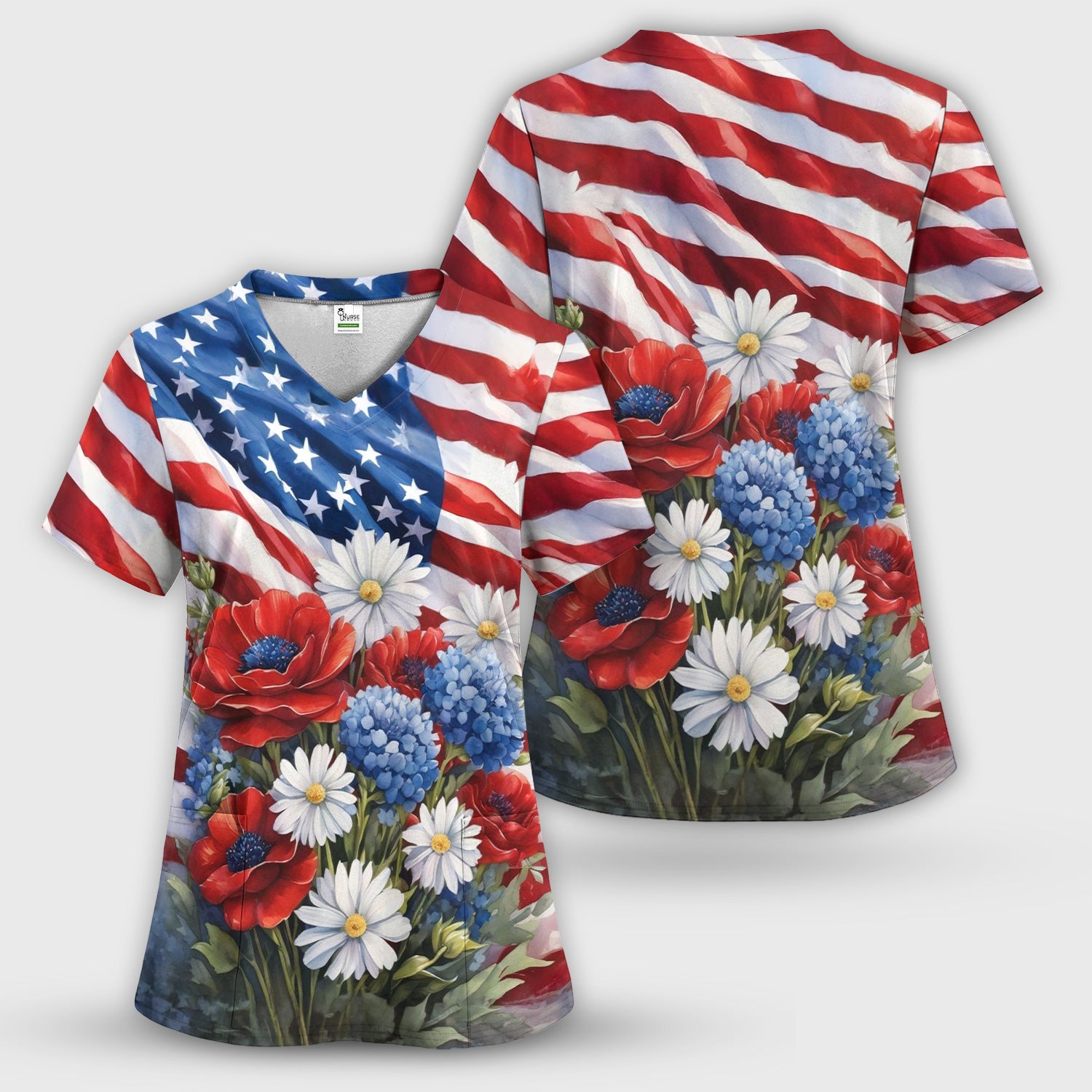 Festive US Flag Floral Bouquet Pattern Scrub Top, Comfortable Scrubs for Nurses
