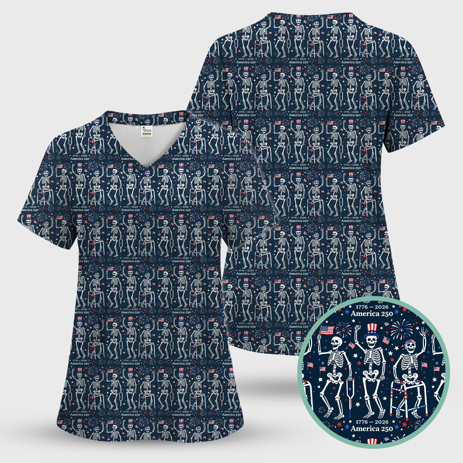 Festive Patriotic Skeleton America 250 Pattern Scrub Set, Scrub Pants and V Neck Top