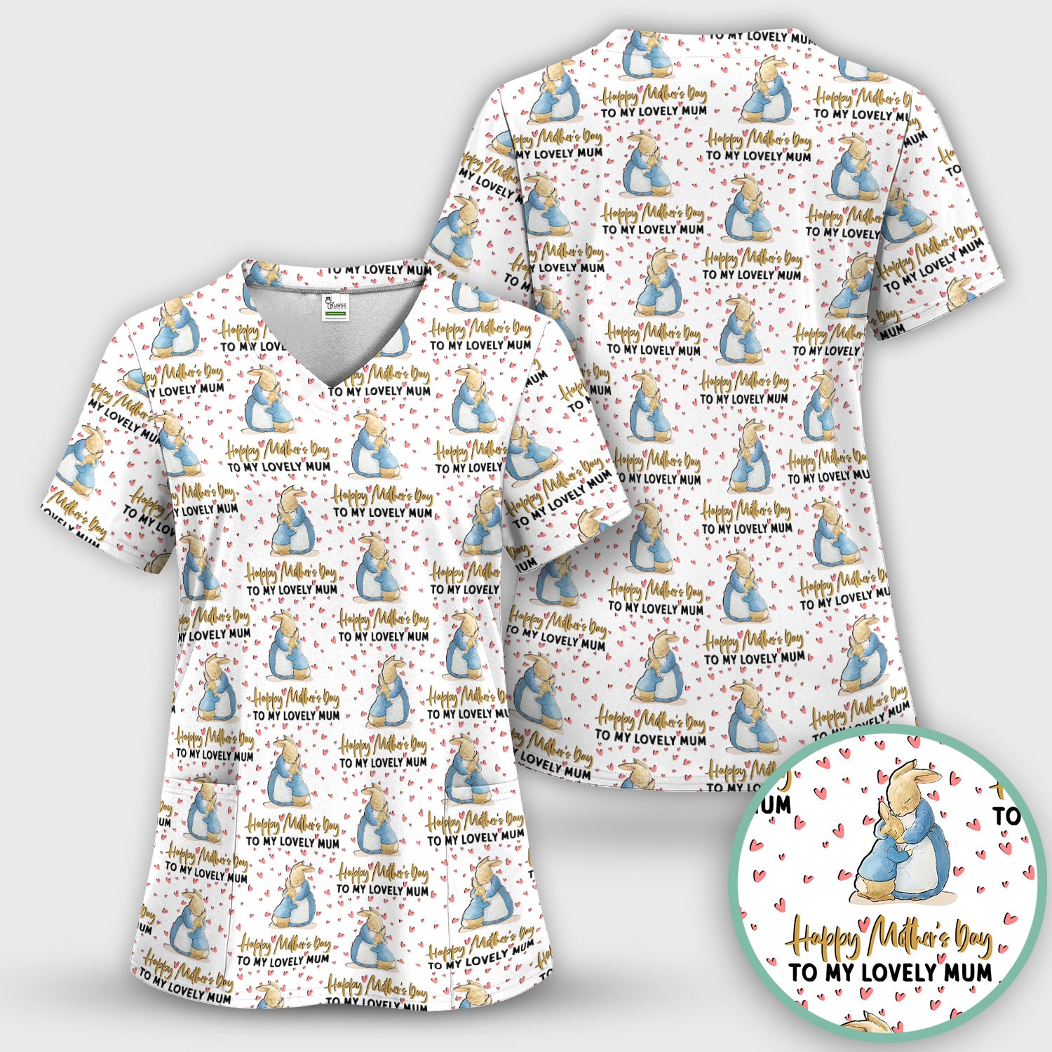 Happy Mothers Day Bunny Love Pattern Scrub Sets, Scrub Pants and V Neck Top