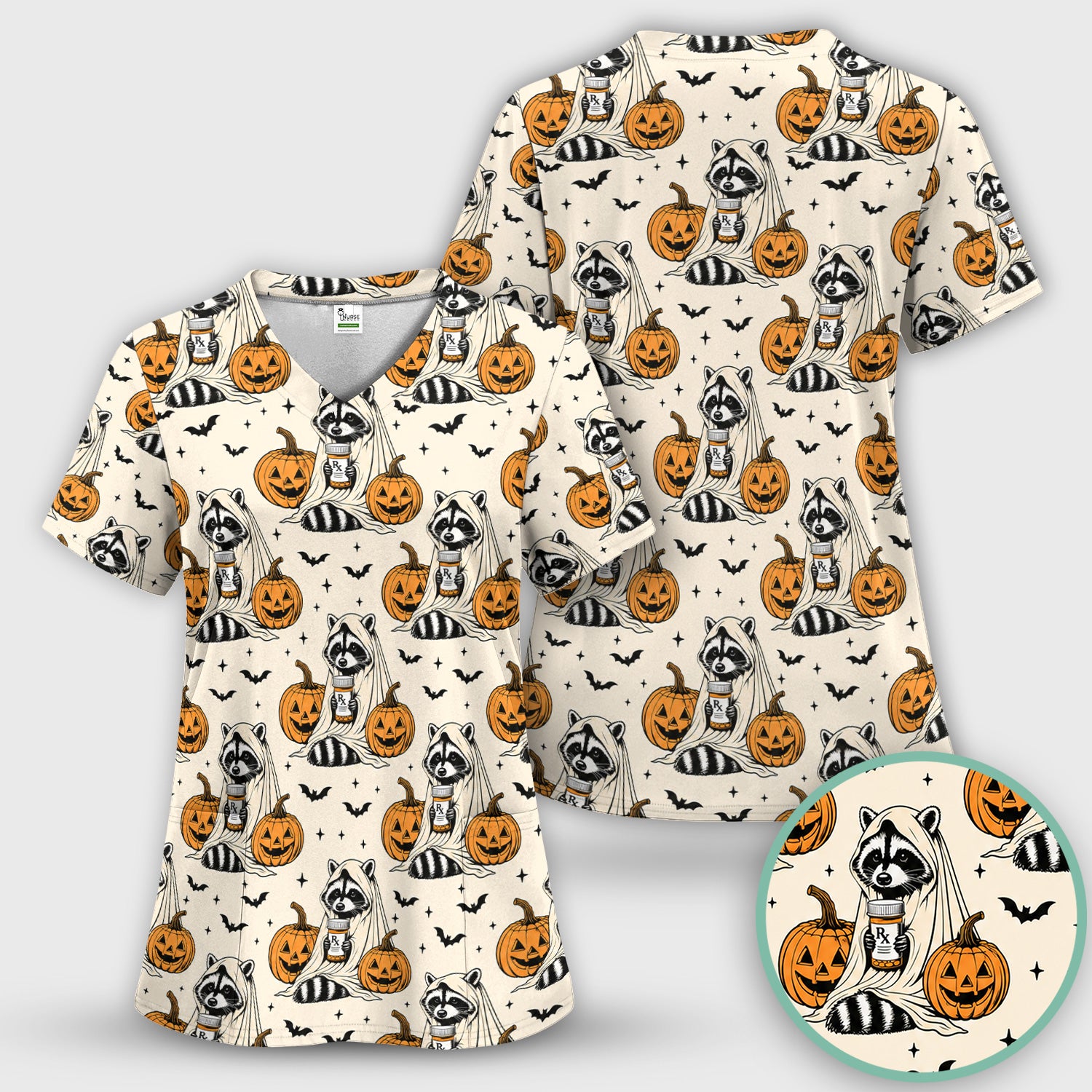 Halloween Raccoon with Pumpkin Bat Print Scrub Top, Comfortable Scrubs for Nurses
