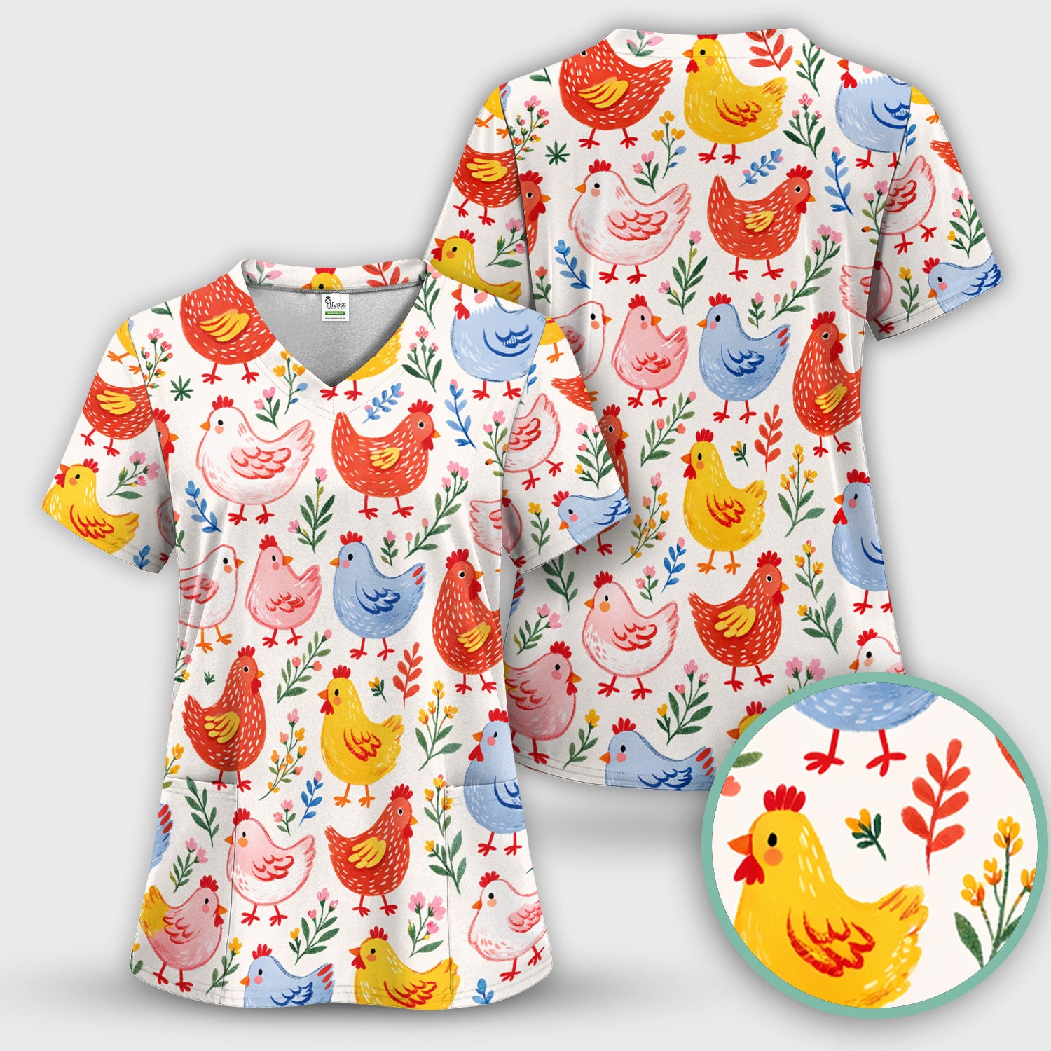 Fun Cartoon Hen Print Scrub Top,  Breathable Fabrics Nursing Uniform