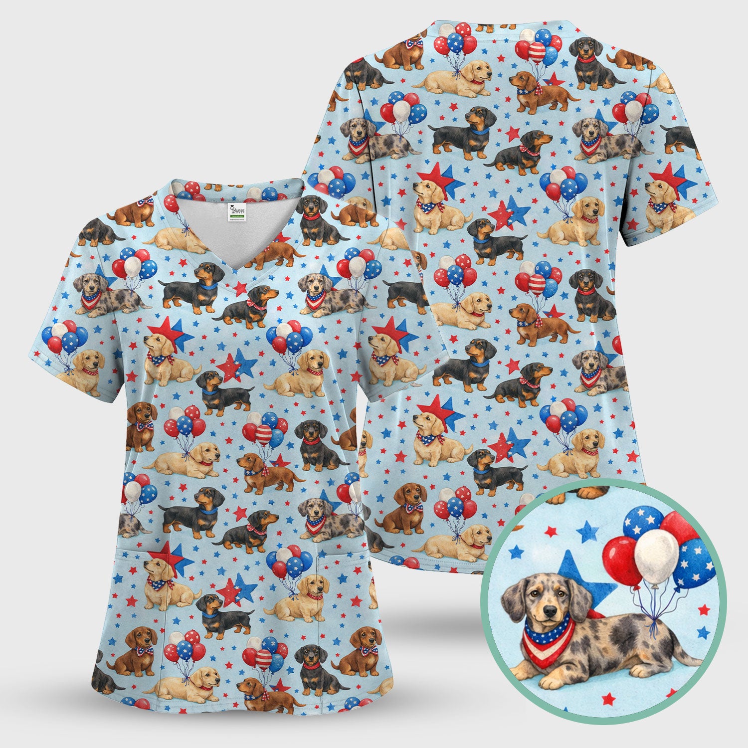 Cute Patriotic Dachshund Balloon Star Pattern Scrub Set, Scrub Pants and V Neck Top