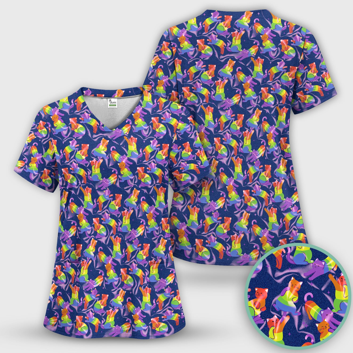 Rainbow Pride Cat Pattern Scrub Top, Breathable Fabrics Nursing Uniform