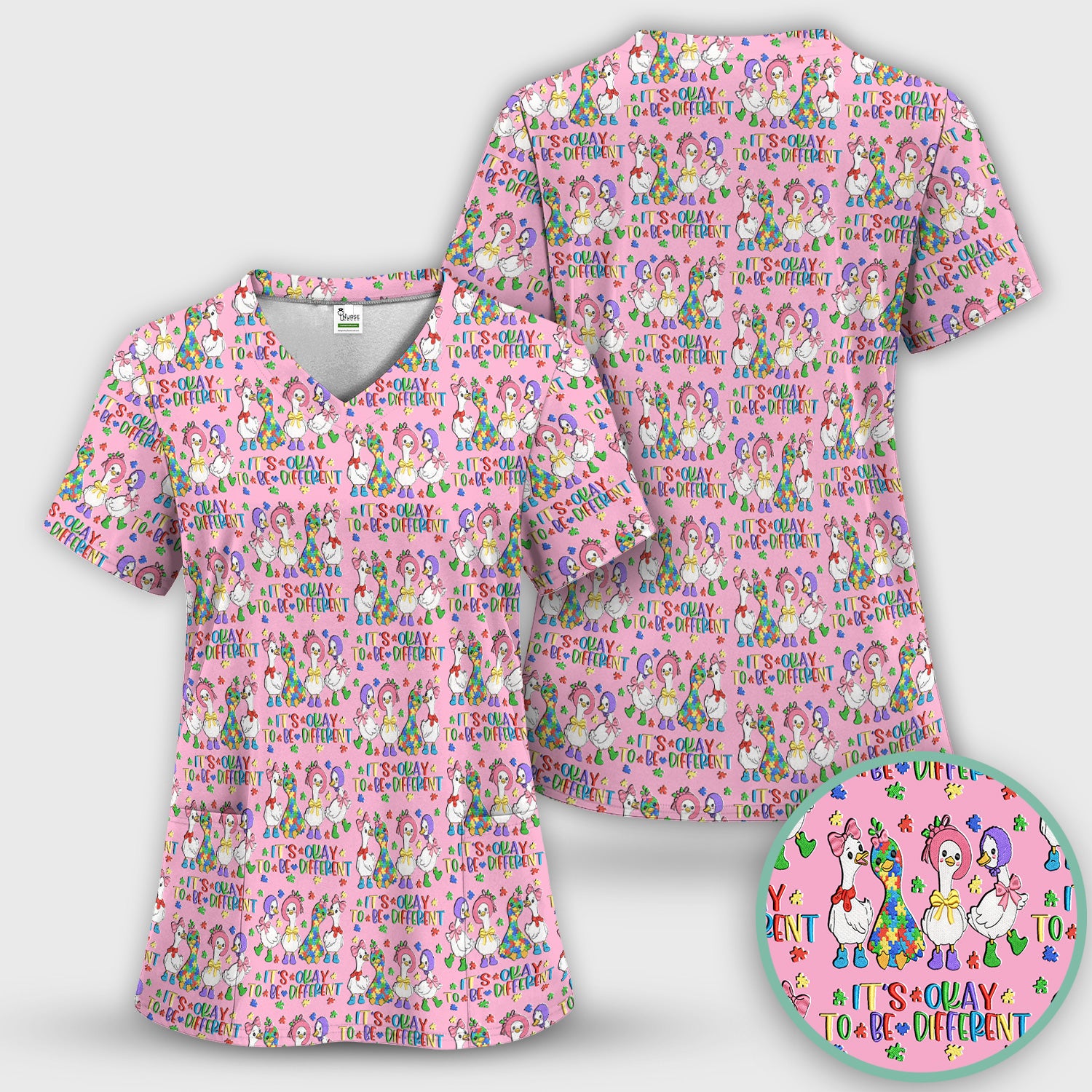 It’s Okay To Be Different Duck Pattern Scrub Top, Comfortable Scrubs For Nurses